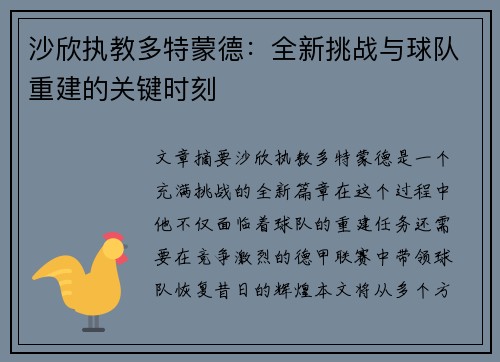 沙欣执教多特蒙德：全新挑战与球队重建的关键时刻