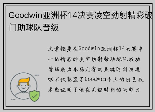 Goodwin亚洲杯14决赛凌空劲射精彩破门助球队晋级