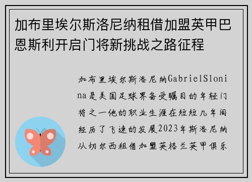 加布里埃尔斯洛尼纳租借加盟英甲巴恩斯利开启门将新挑战之路征程